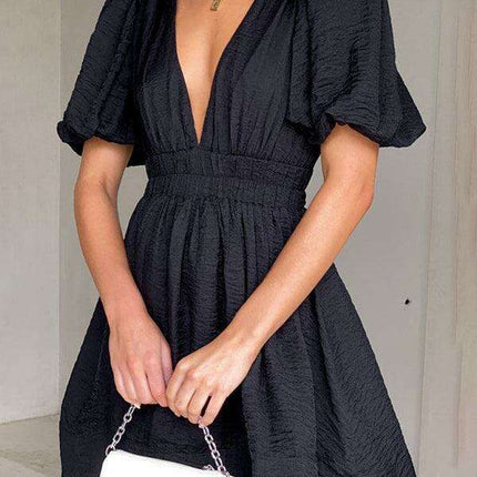 Elegant V-neck Lantern Sleeve Mini Dress