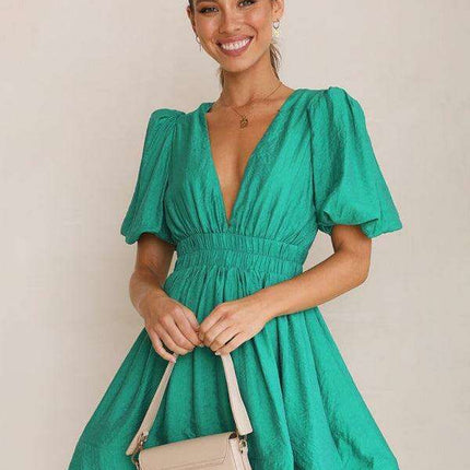 Elegant V-neck Lantern Sleeve Mini Dress