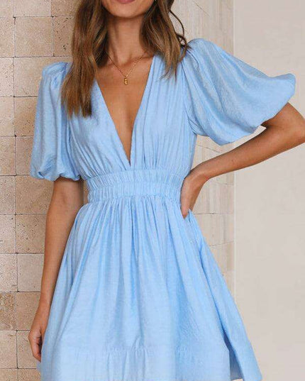 Elegant V-neck Lantern Sleeve Mini Dress