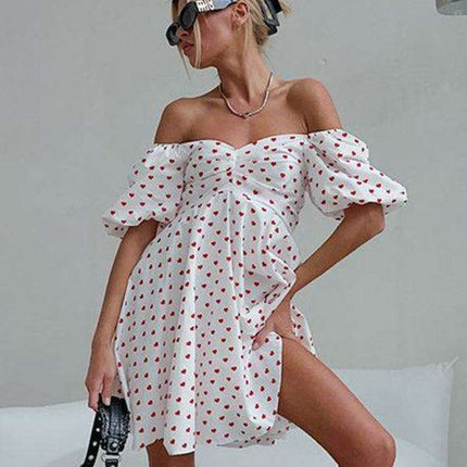 Romantic French Love Print Puff Sleeve A-Line Skirt for Spring-Summer