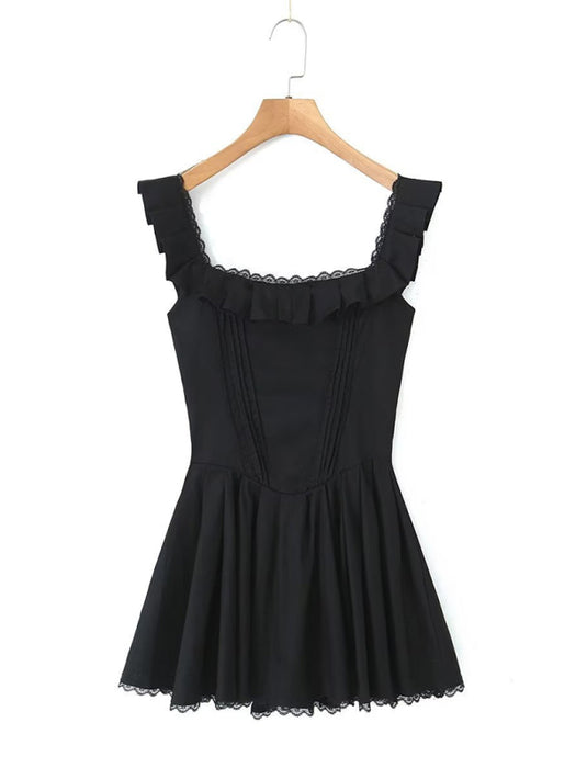 Chic French Lace Dress with Ruffled Waist Flounce