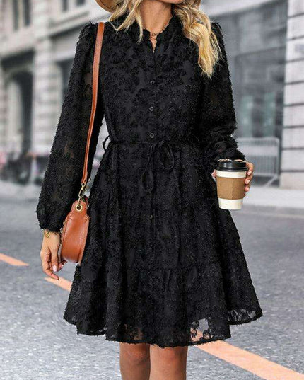 Chic Solid Jacquard Long Sleeve Dress for Women