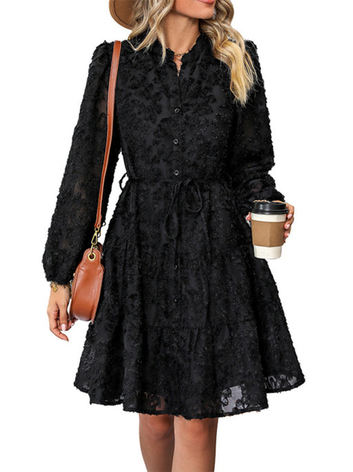 Women's new solid color three-dimensional jacquard long-sleeved round neck dress