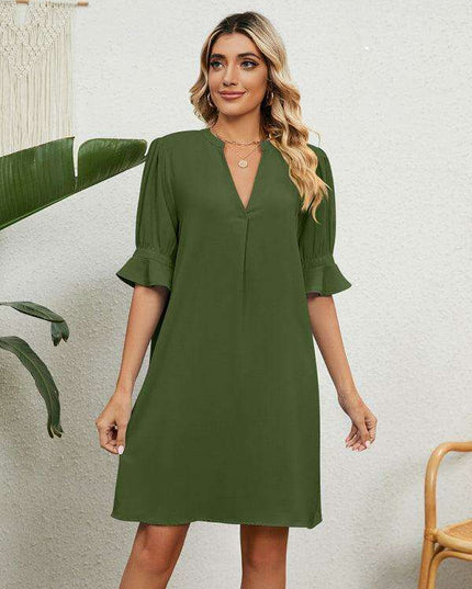 Elegant V-neck Dress with Gathered Sleeves