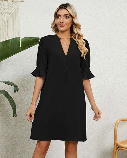 Elegant V-neck Dress with Gathered Sleeves