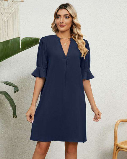 Elegant V-neck Dress with Gathered Sleeves