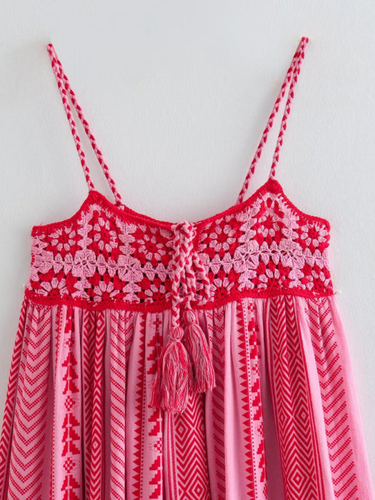 Bohemian Chic Crochet Patchwork Slip Dress with Ethnic Knit Accents