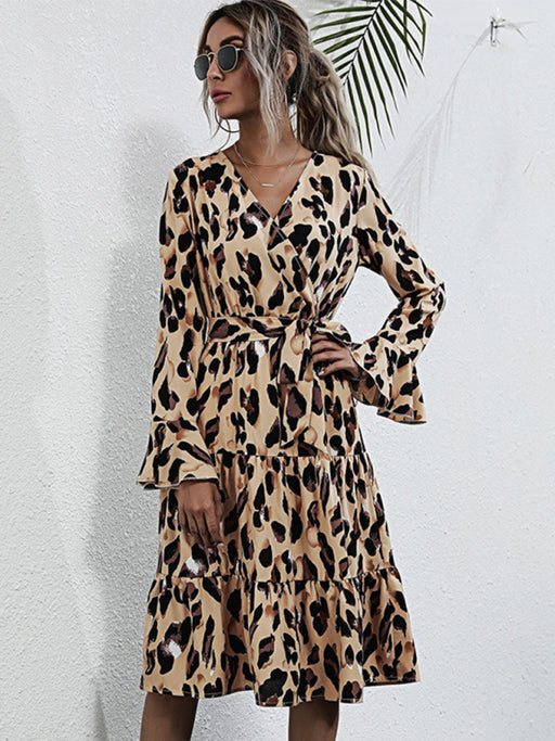 New fashion women's temperament print leopard print long-sleeved dress