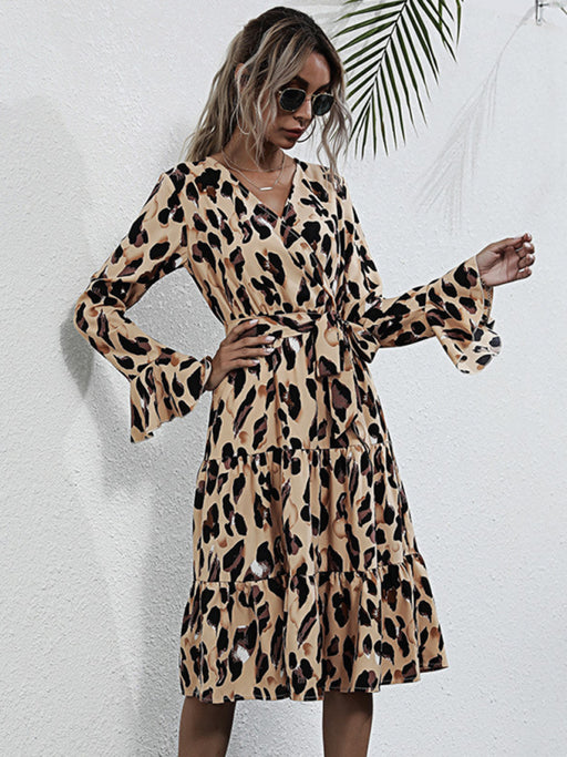 New fashion women's temperament print leopard print long-sleeved dress