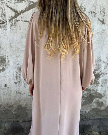 Casual loose V-neck solid color women's lantern sleeve dress