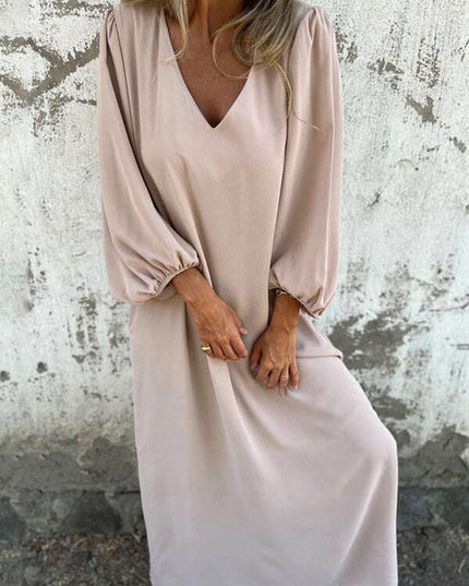 Casual loose V-neck solid color women's lantern sleeve dress