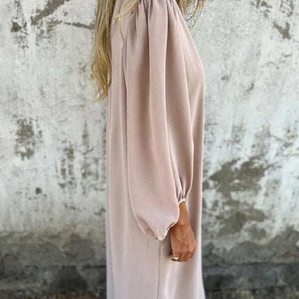 Casual loose V-neck solid color women's lantern sleeve dress