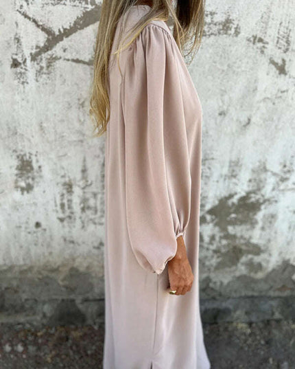 Casual loose V-neck solid color women's lantern sleeve dress