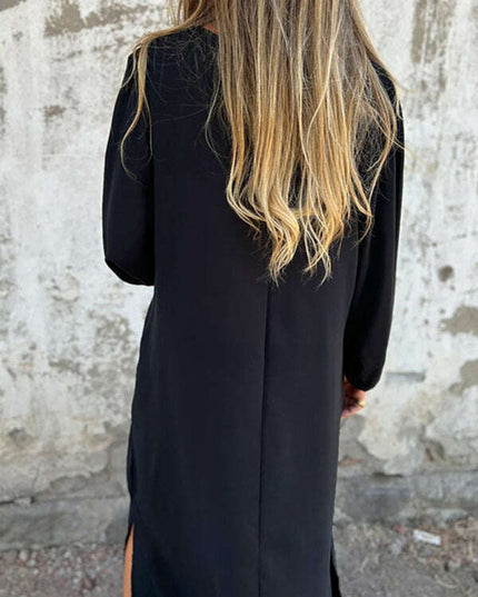 Casual loose V-neck solid color women's lantern sleeve dress