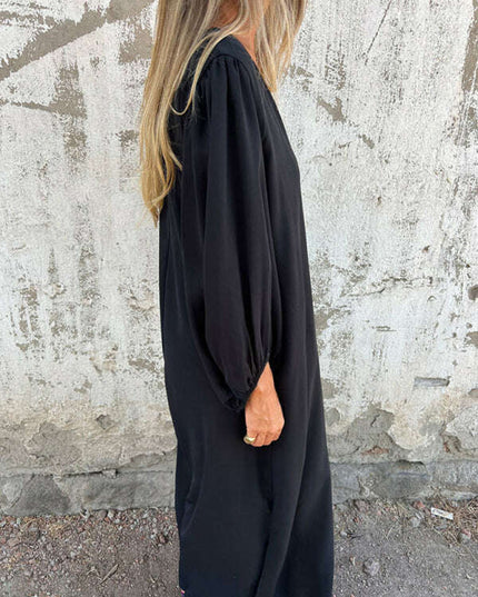 Casual loose V-neck solid color women's lantern sleeve dress