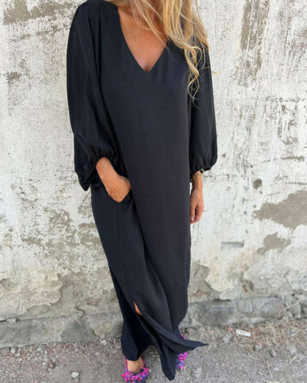 Casual loose V-neck solid color women's lantern sleeve dress