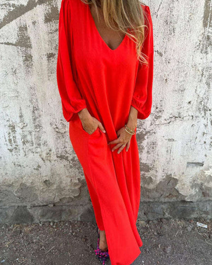 Casual loose V-neck solid color women's lantern sleeve dress