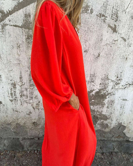 Casual loose V-neck solid color women's lantern sleeve dress