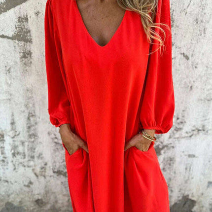Casual loose V-neck solid color women's lantern sleeve dress