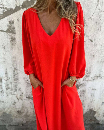 Casual loose V-neck solid color women's lantern sleeve dress