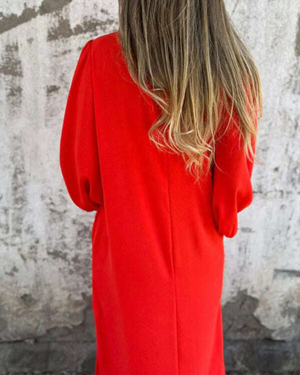 Casual loose V-neck solid color women's lantern sleeve dress