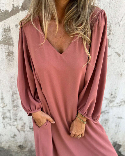 Casual loose V-neck solid color women's lantern sleeve dress