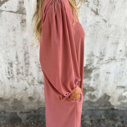 Casual loose V-neck solid color women's lantern sleeve dress