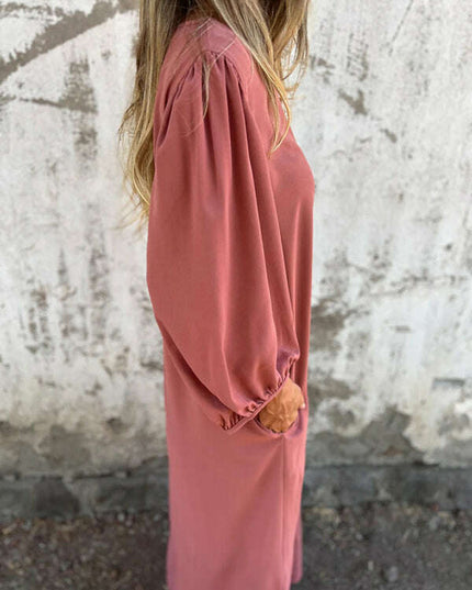 Casual loose V-neck solid color women's lantern sleeve dress
