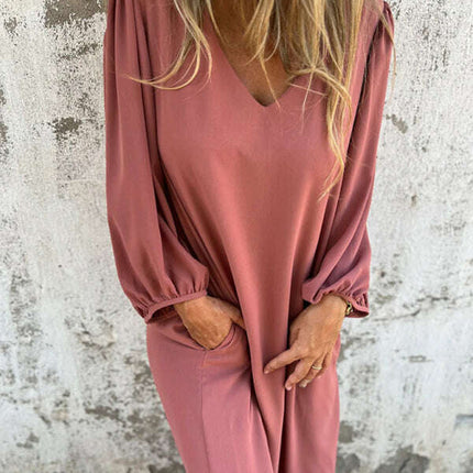Casual loose V-neck solid color women's lantern sleeve dress