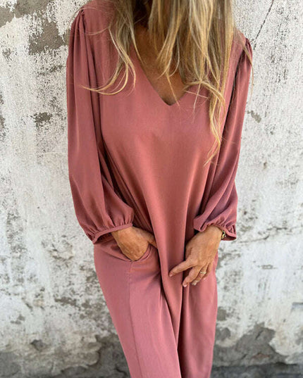 Casual loose V-neck solid color women's lantern sleeve dress