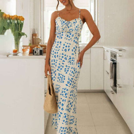 New spring and summer sexy slim-fit suspender V-neck printed backless long dress