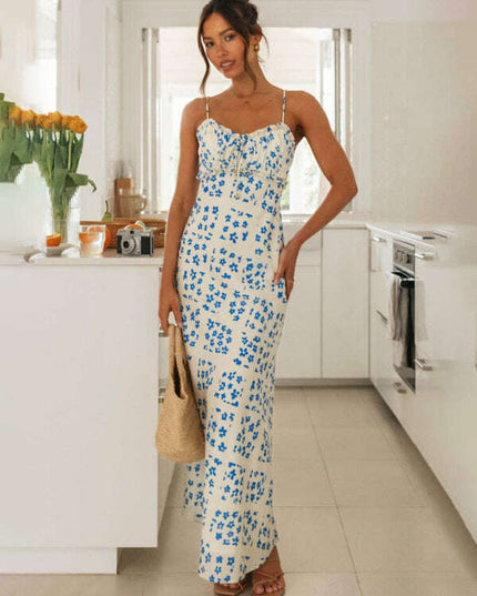 New spring and summer sexy slim-fit suspender V-neck printed backless long dress
