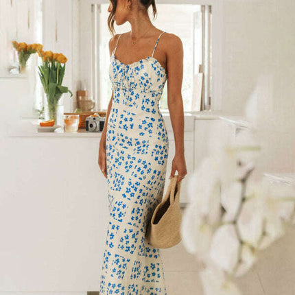 New spring and summer sexy slim-fit suspender V-neck printed backless long dress
