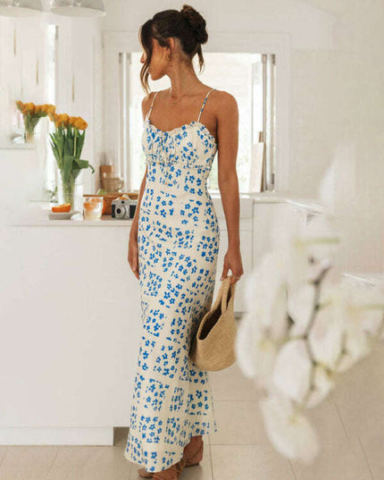 New spring and summer sexy slim-fit suspender V-neck printed backless long dress
