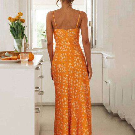 New spring and summer sexy slim-fit suspender V-neck printed backless long dress
