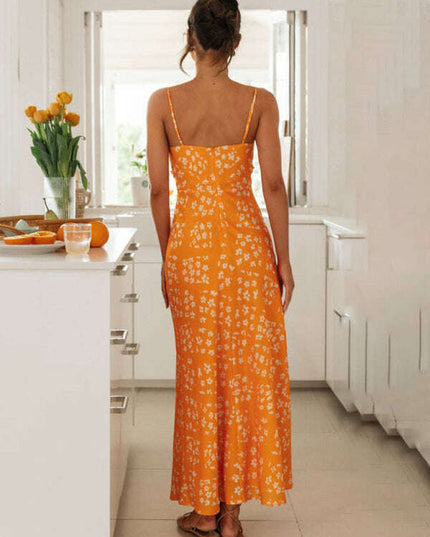 New spring and summer sexy slim-fit suspender V-neck printed backless long dress