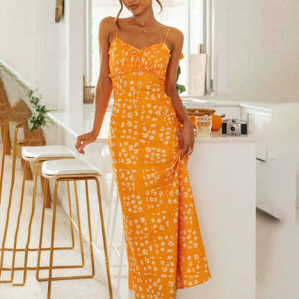 New spring and summer sexy slim-fit suspender V-neck printed backless long dress