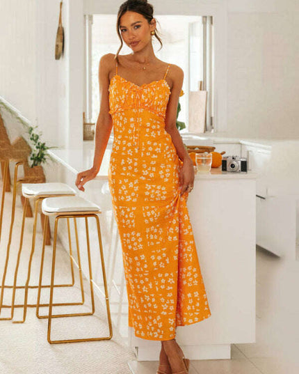 New spring and summer sexy slim-fit suspender V-neck printed backless long dress