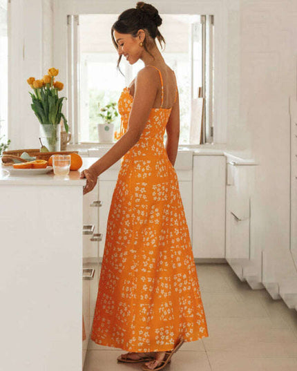 New spring and summer sexy slim-fit suspender V-neck printed backless long dress