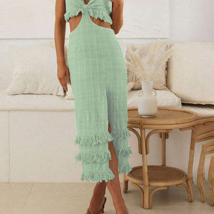 New fashionable personalized suspender-fitting hip-hugging slim hem slit backless dress