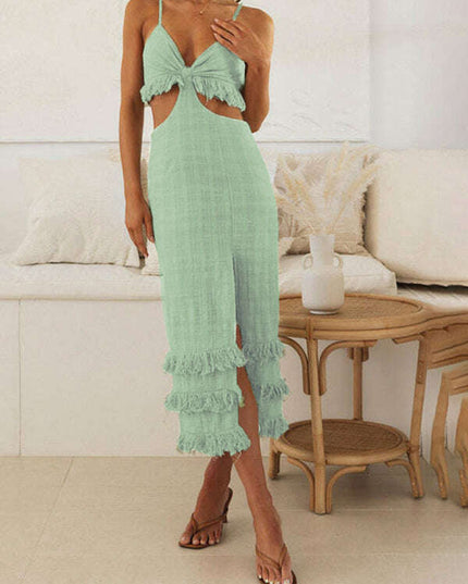 New fashionable personalized suspender-fitting hip-hugging slim hem slit backless dress