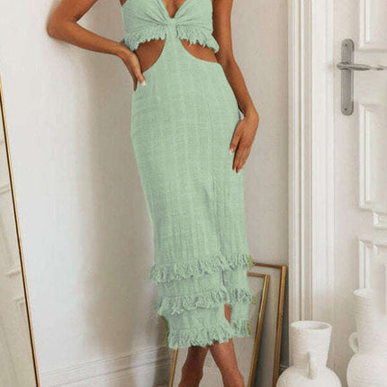 New fashionable personalized suspender-fitting hip-hugging slim hem slit backless dress