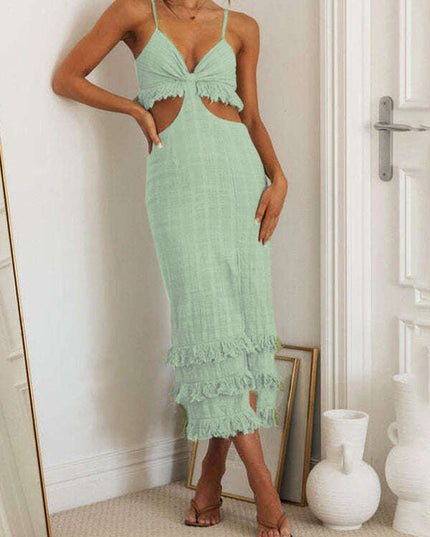 New fashionable personalized suspender-fitting hip-hugging slim hem slit backless dress