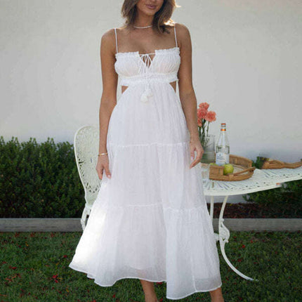 Women's new v-neck sleeveless solid color stitching long dress with large hem