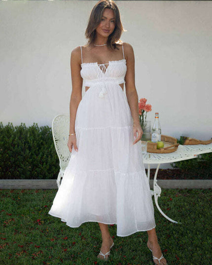 Women's new v-neck sleeveless solid color stitching long dress with large hem