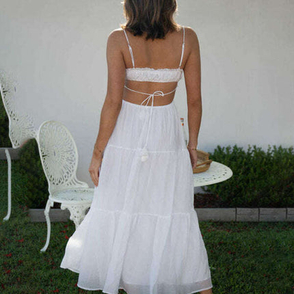 Women's new v-neck sleeveless solid color stitching long dress with large hem