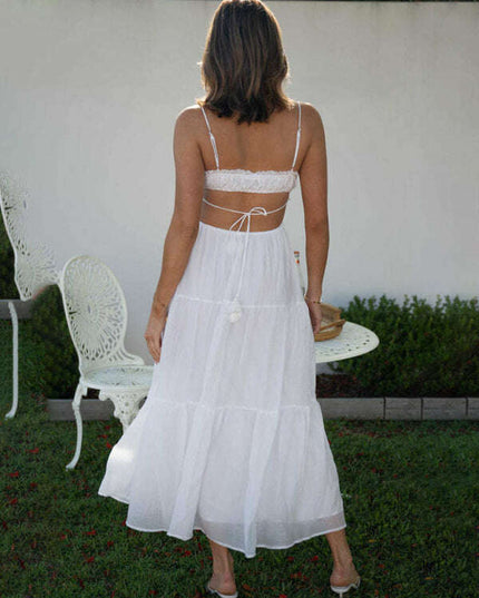 Women's new v-neck sleeveless solid color stitching long dress with large hem