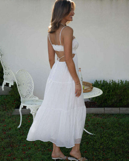 Women's new v-neck sleeveless solid color stitching long dress with large hem