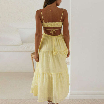 Women's new v-neck sleeveless solid color stitching long dress with large hem