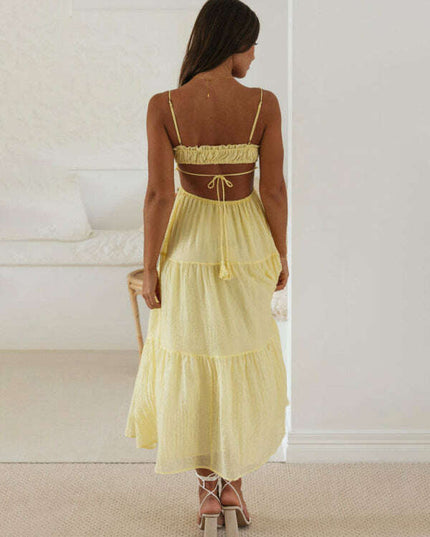 Women's new v-neck sleeveless solid color stitching long dress with large hem